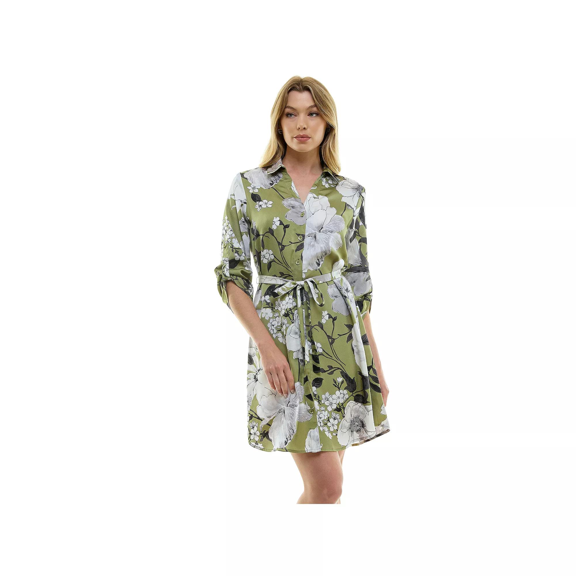 Women's Luxology Johnny Collar Satin Button Front Dress, Size: Small, Sage Gray Black Product Image