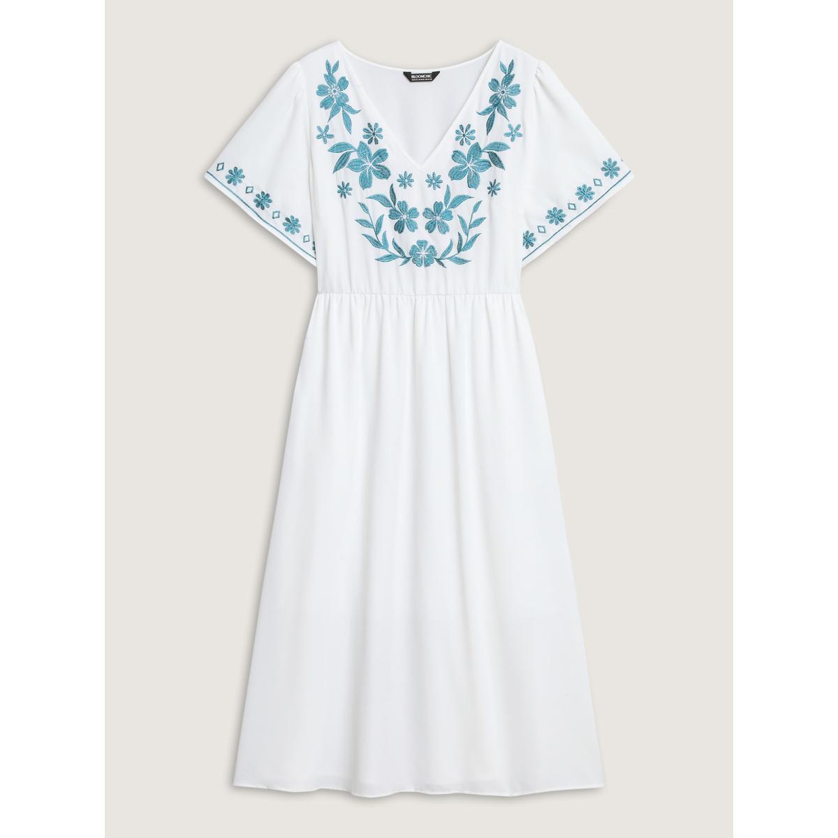 Plus Size Floral Embroidery Pockets Midi Dress WhiteSmoke Women V-neck Cap Sleeve Curvy BloomChic 12/L Product Image