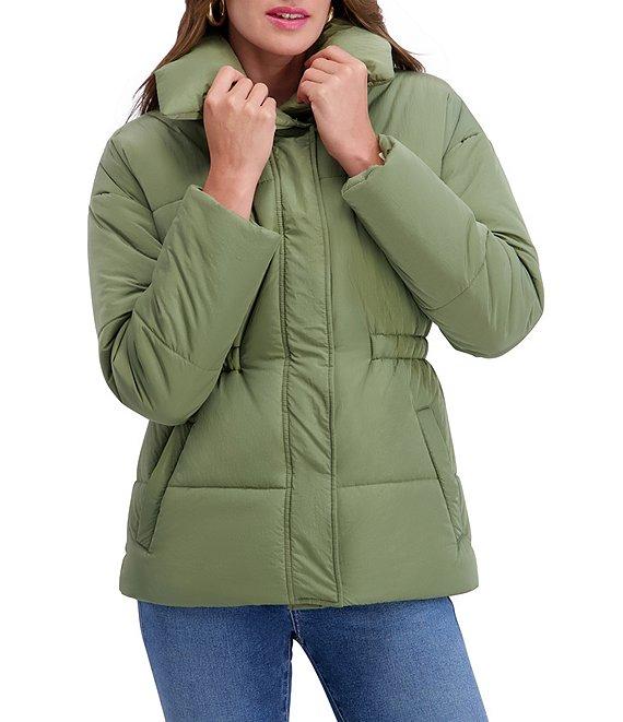Kensie Crinkle Cire Envelope Neck Long Sleeve Drop Shoulder Elastic Cinched Water Resistant Puffer Coat Product Image