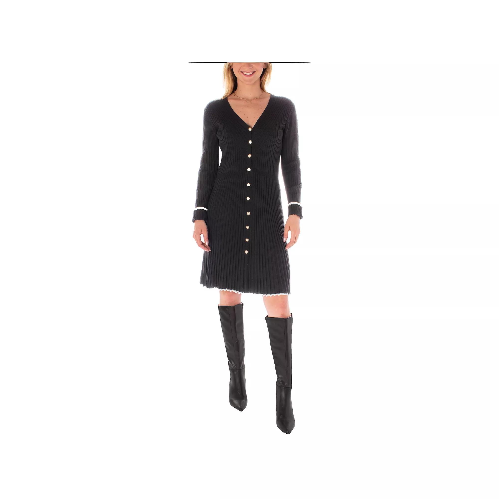 Women's Taylor Ribbed Button Down Long Sleeve Sweater Dress, Size: Large, Black Ivory Product Image