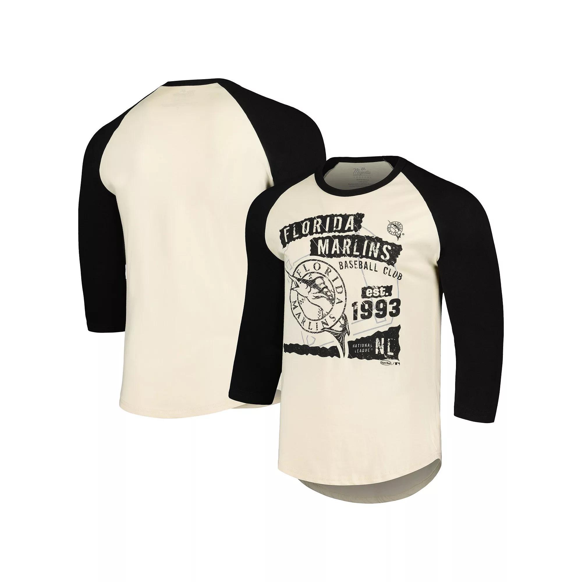 Men's Majestic Threads Cream/Black Miami Marlins Raglan 3/4-Sleeve T-Shirt, Size: XL, Beige Product Image