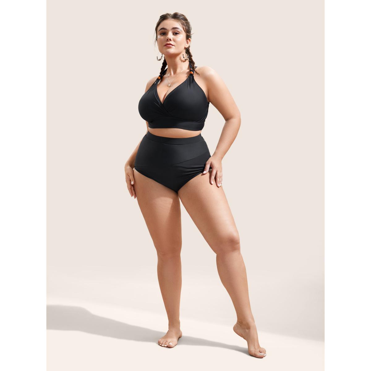 Plus Size High Rise Plain Patchwork Swim Bottom Women's Swimwear Black Beach Non High stretch Skinny High Rise Curve Swim Bottoms BloomChic 18-20/2X Product Image