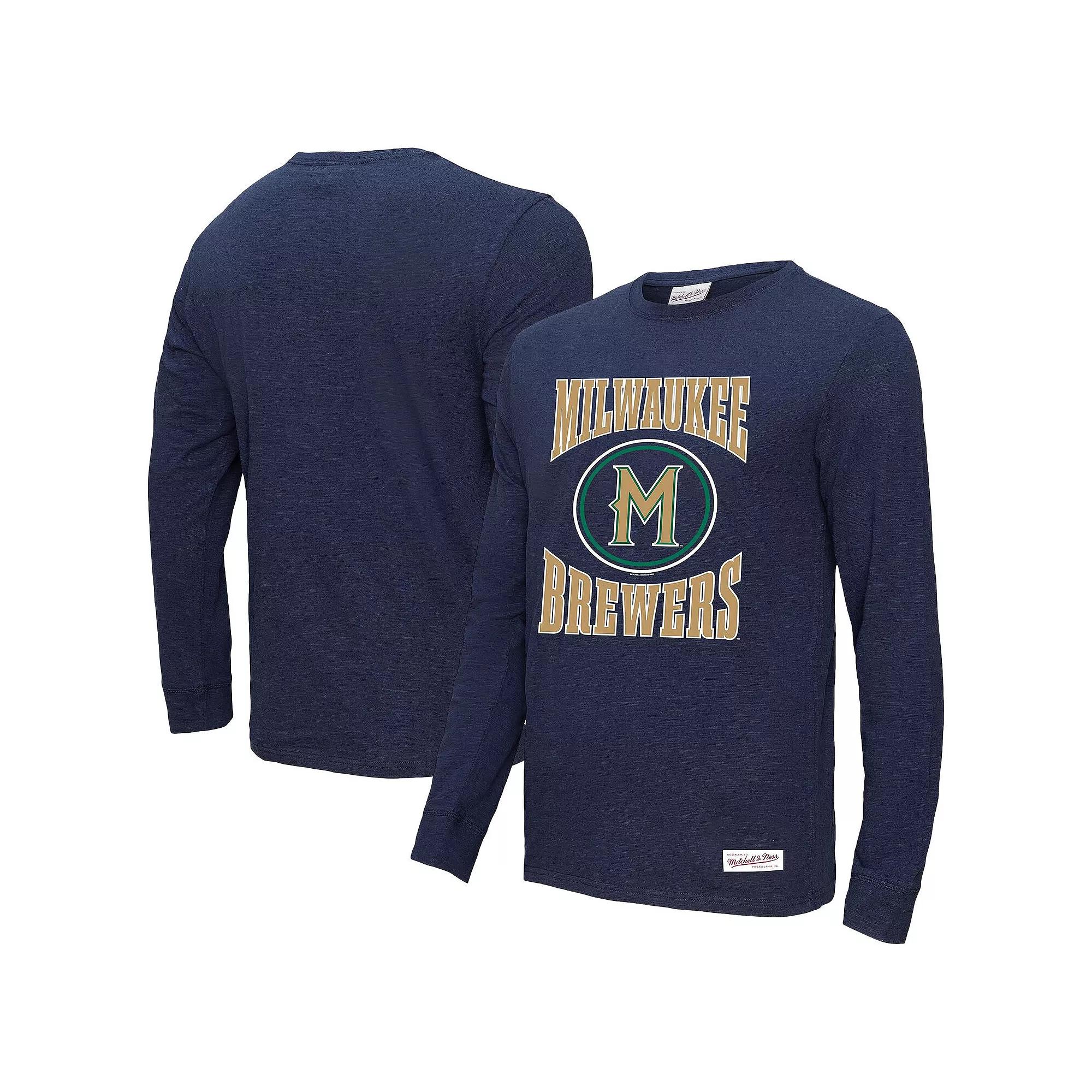 Men's Mitchell & Ness Navy Milwaukee Brewers Arched Logo Slub Long Sleeve T-Shirt,  Product Image