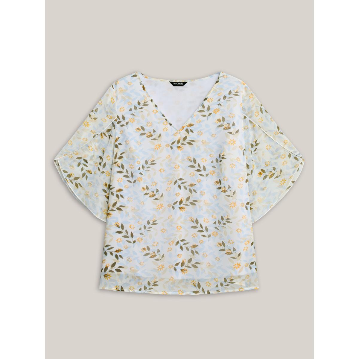 Plus Size Originalwhite Leafy Floral Print Petal Sleeve Blouse Women Elegant Elbow-length sleeve V-neck Everyday-Elegant Blouses BloomChic 14-16/1X Product Image