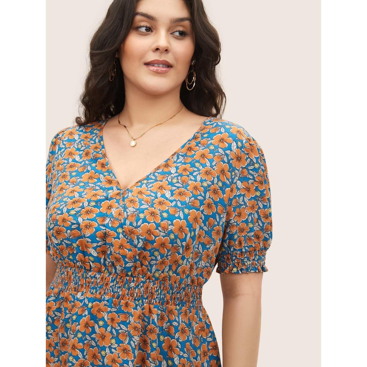 Plus Size Cerulean Floral Surplice Neck Shirred Lantern Sleeve Blouse Women Elegant Short sleeve Overlap Collar Everyday Blouses BloomChic 14-16/1X Product Image