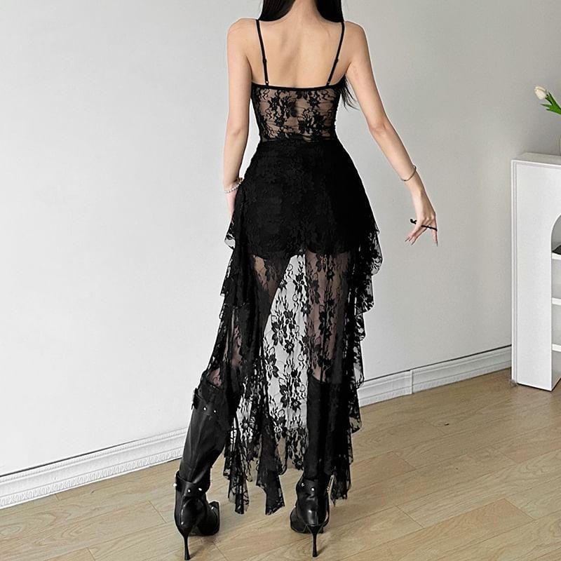 Spaghetti Strap Lace Panel Ruffled Asymmetric-Hem Mini Dress Product Image