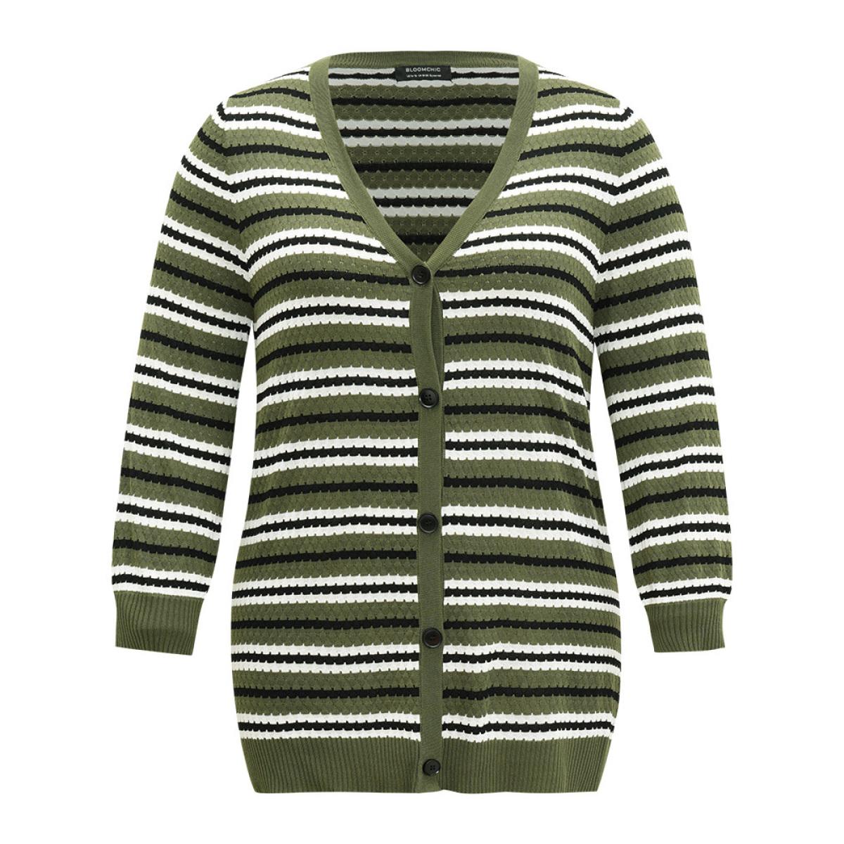 Plus Size Striped Contrast Elastic Cuffs Button Through Cardigan Multicolor Women Glamour Loose Long Sleeve Dailywear Cardigans BloomChic 10/M Product Image