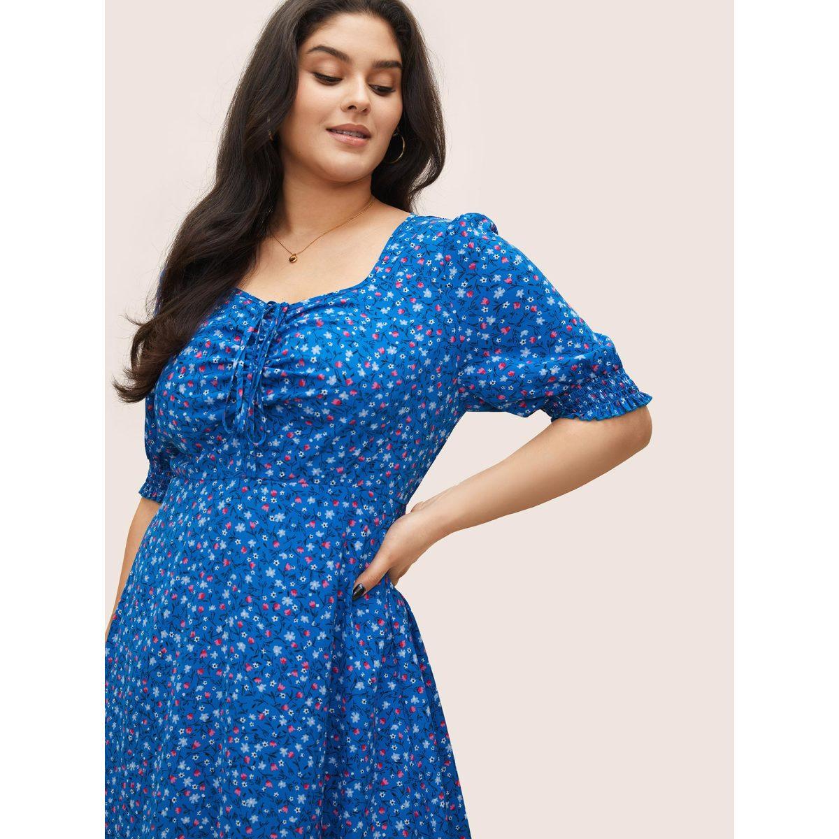 Plus Size Ditsy Floral Drawstring Shirred Cuffs Dress Blue Women Timeless Non Square Neck Half Sleeve Curvy Midi Dress BloomChic 18-20/2X Product Image