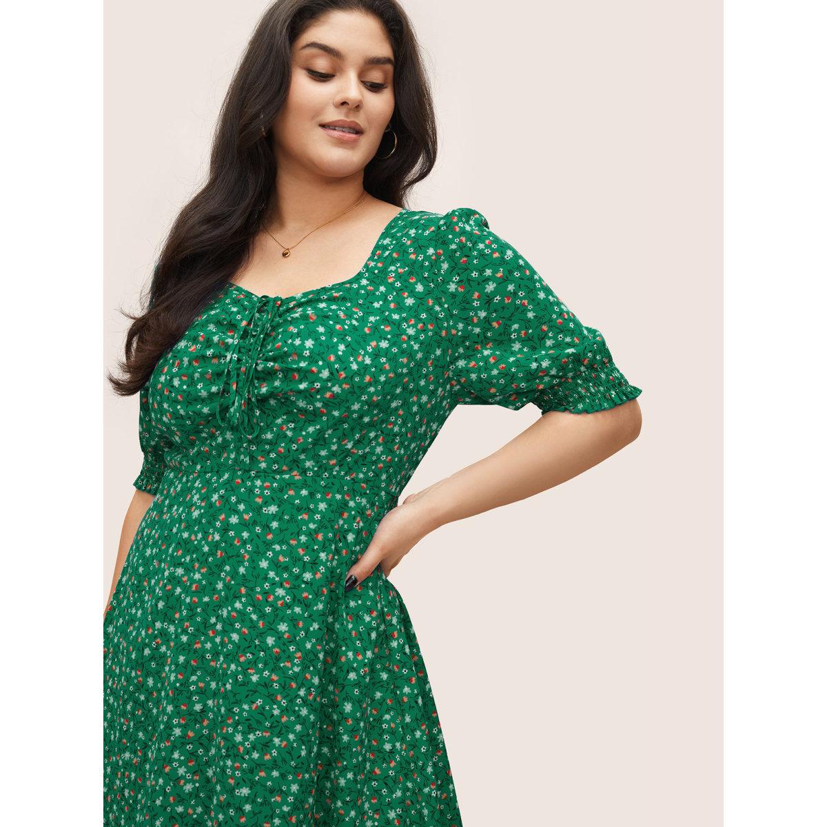 Plus Size Ditsy Floral Drawstring Shirred Cuffs Dress DarkGreen Women Elegant Non Square Neck Half Sleeve Curvy Midi Dress BloomChic 18-20/2X Product Image