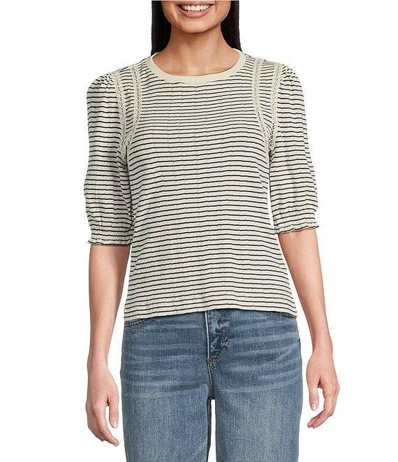 Democracy Knit Stripe Crochet Contrast Trim Crew Neck Elbow Sleeve Top Product Image