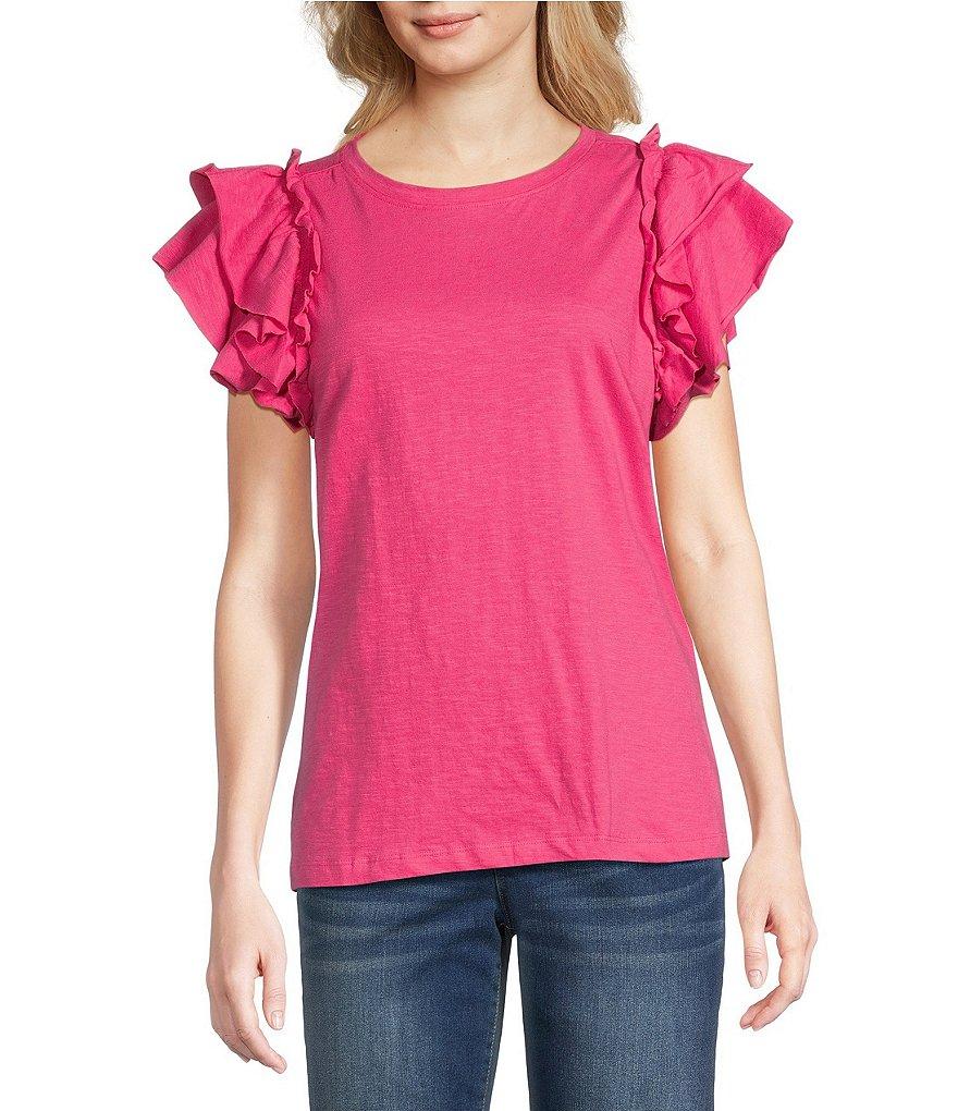 APNY Slub Crew Neck Ruffled Cap Sleeve Tee Product Image