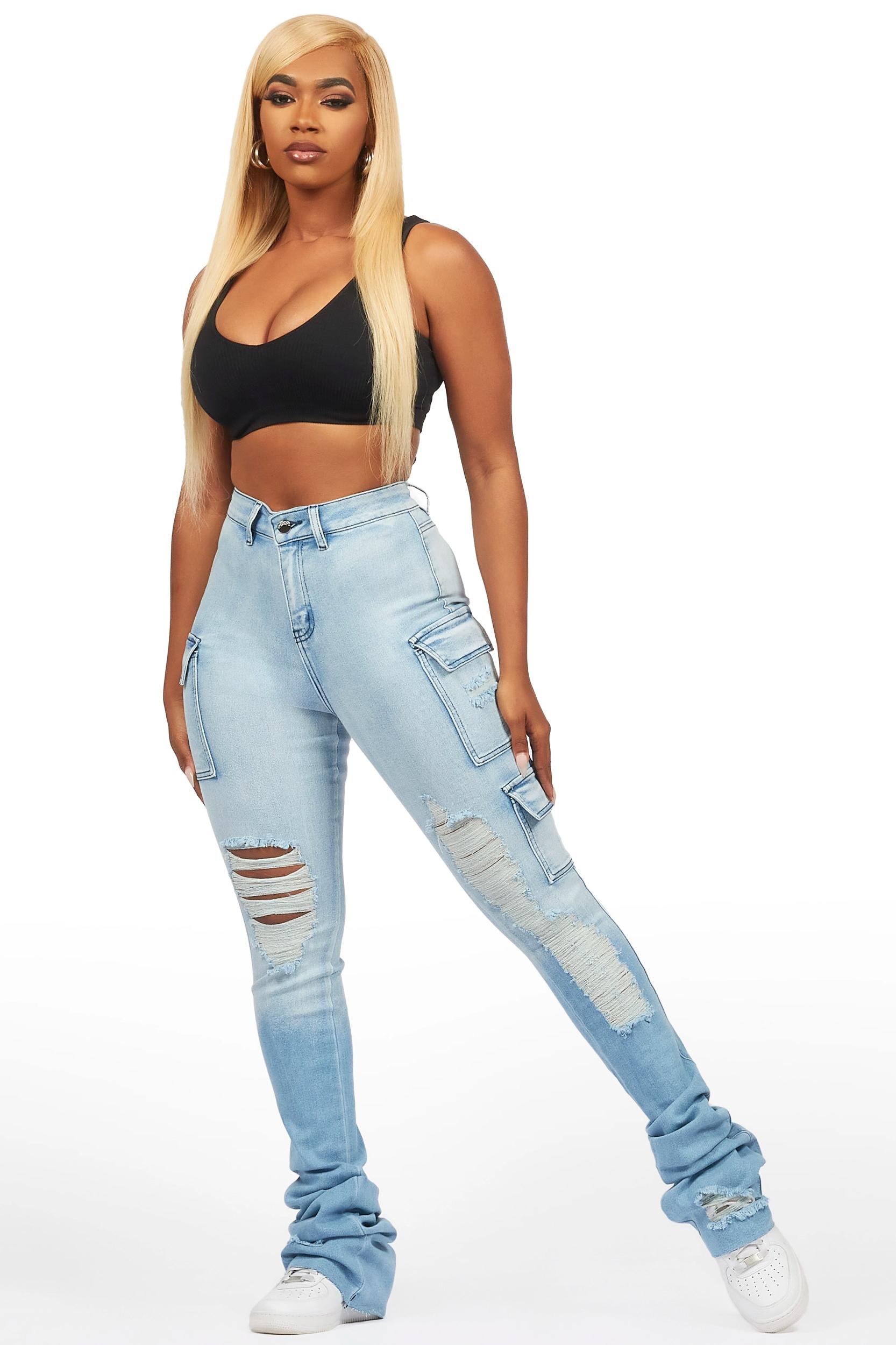 Vixen Light Wash Distressed Cargo Super Stacked Jean Female Product Image