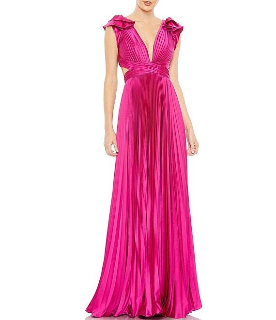 Mac Duggal Ruffled Cap Sleeve Cut Out Pleated Deep V-Neck Strappy Back Detail Satin A-Line Gown Product Image