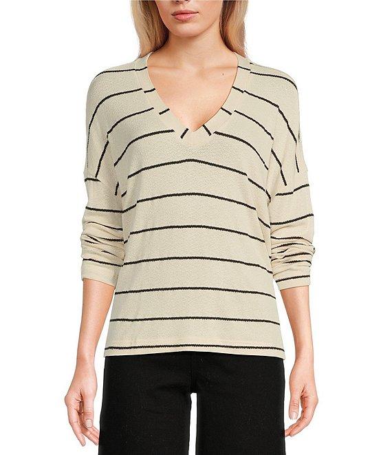 Blu Pepper Stripe V-Neck Drop Shoulder Long Sleeve Knit Top Product Image