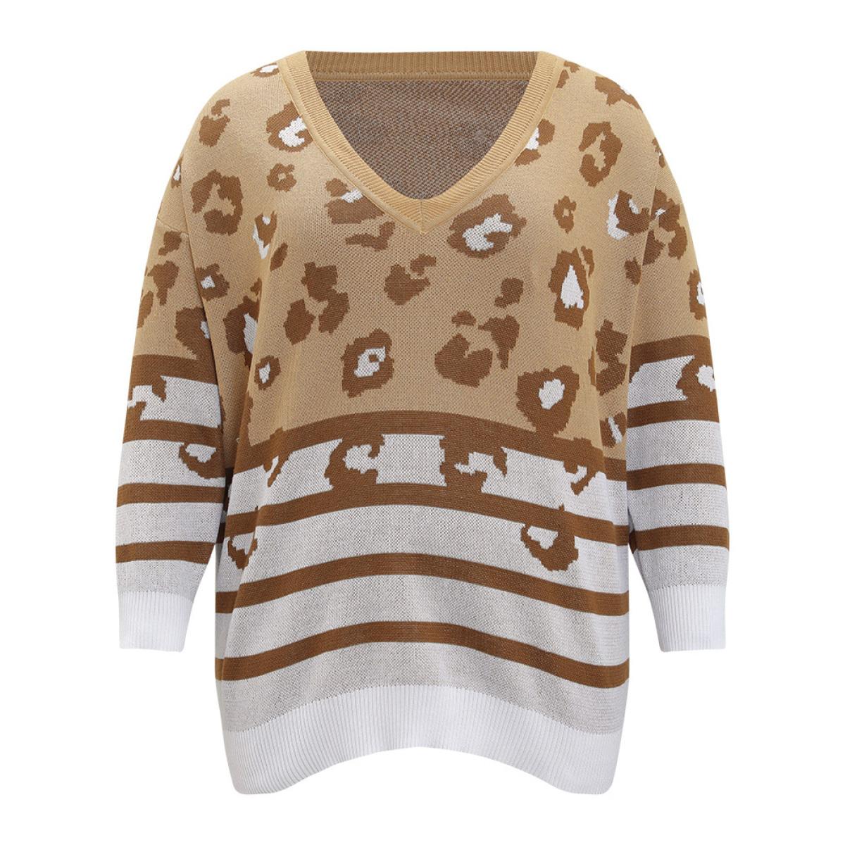 Plus Size Leopard Striped Elastic Cuffs Pullover Leopard Women Casual Loose Long Sleeve V-neck Dailywear Pullovers BloomChic 18-20/2X Product Image
