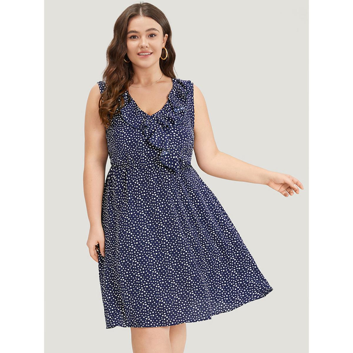 Plus Size Polka Dot Ruffle Trim V Neck Sleeveless Dress DarkBlue Women Elegant Pocket V-neck Sleeveless Curvy Knee Dress BloomChic 30/6X Product Image