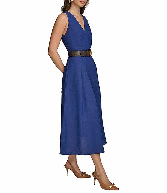 Donna Karan V-Neck Sleeveless Belted Linen A-Line Midi Dress Product Image