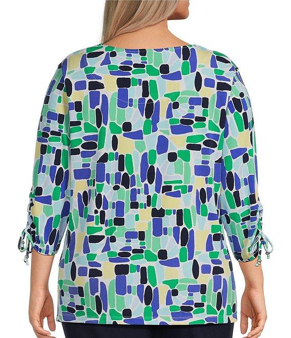 Allison Daley Plus Size Kelly Mosaic 3/4 Tie Sleeve Square Neck Knit Top Product Image