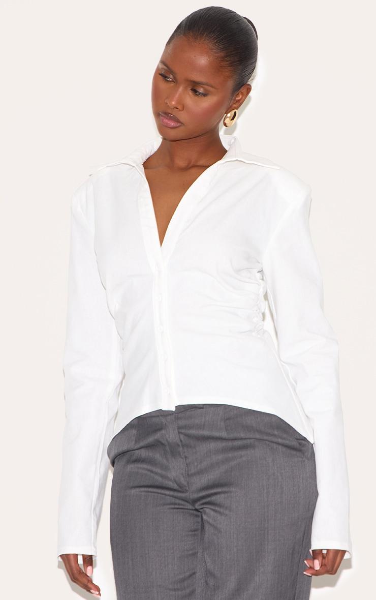 White Linen Blend Shoulder Padded Fitted Shirt Product Image