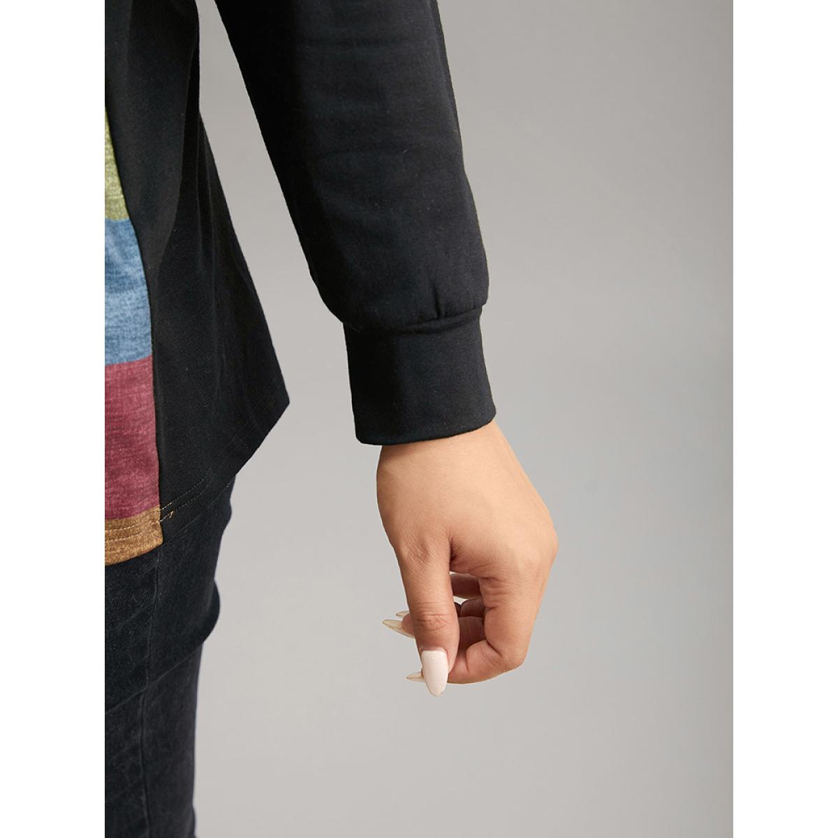 Plus Size Colorblock Contrast Notched Button Detail T-shirt Black Women Casual Contrast Striped Notched collar Dailywear T-shirts BloomChic 26/4X Product Image