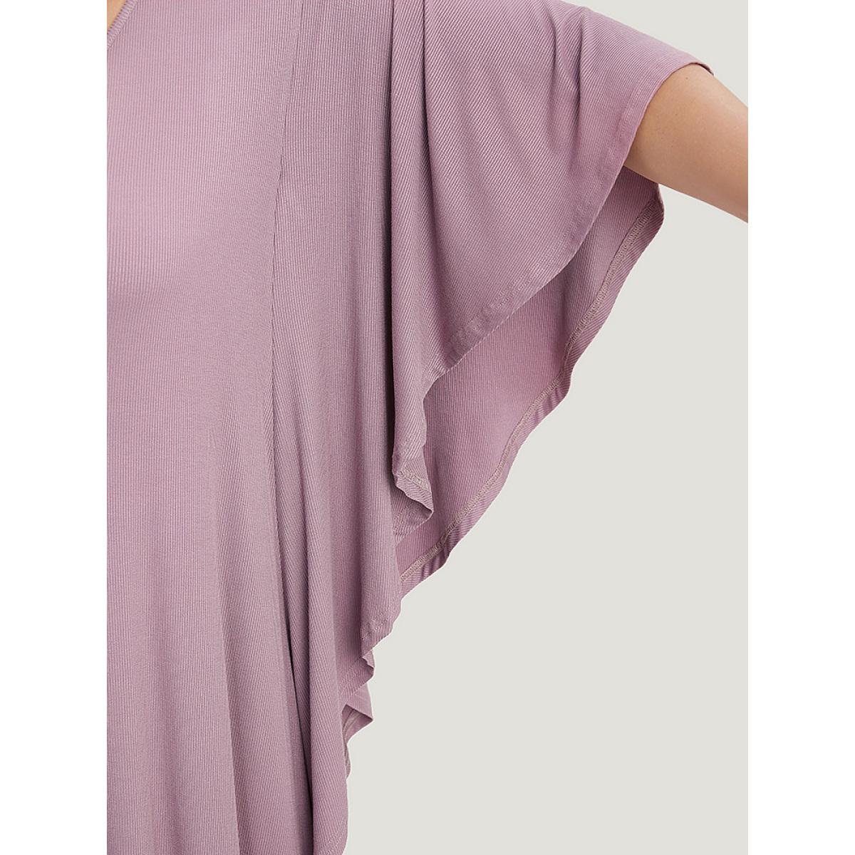 Plus Size Solid Dolman Sleeve Ruffle Trim Pocket Rib Knit Knee Dress Mauve Women Casual Pocket V-neck Half Sleeve Curvy Knee Dress BloomChic 12/L Product Image