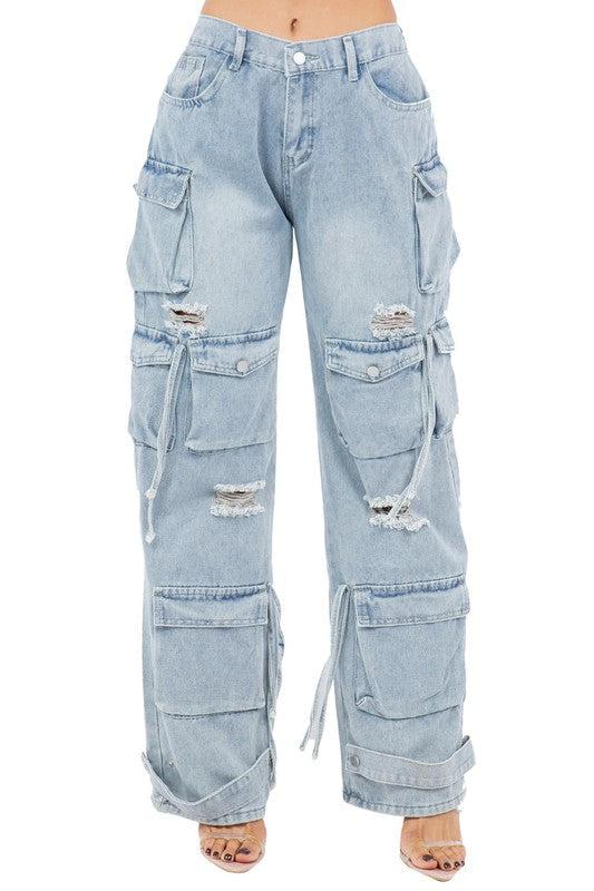 WOMEN CARGO STYLE DENIM PANTS Product Image