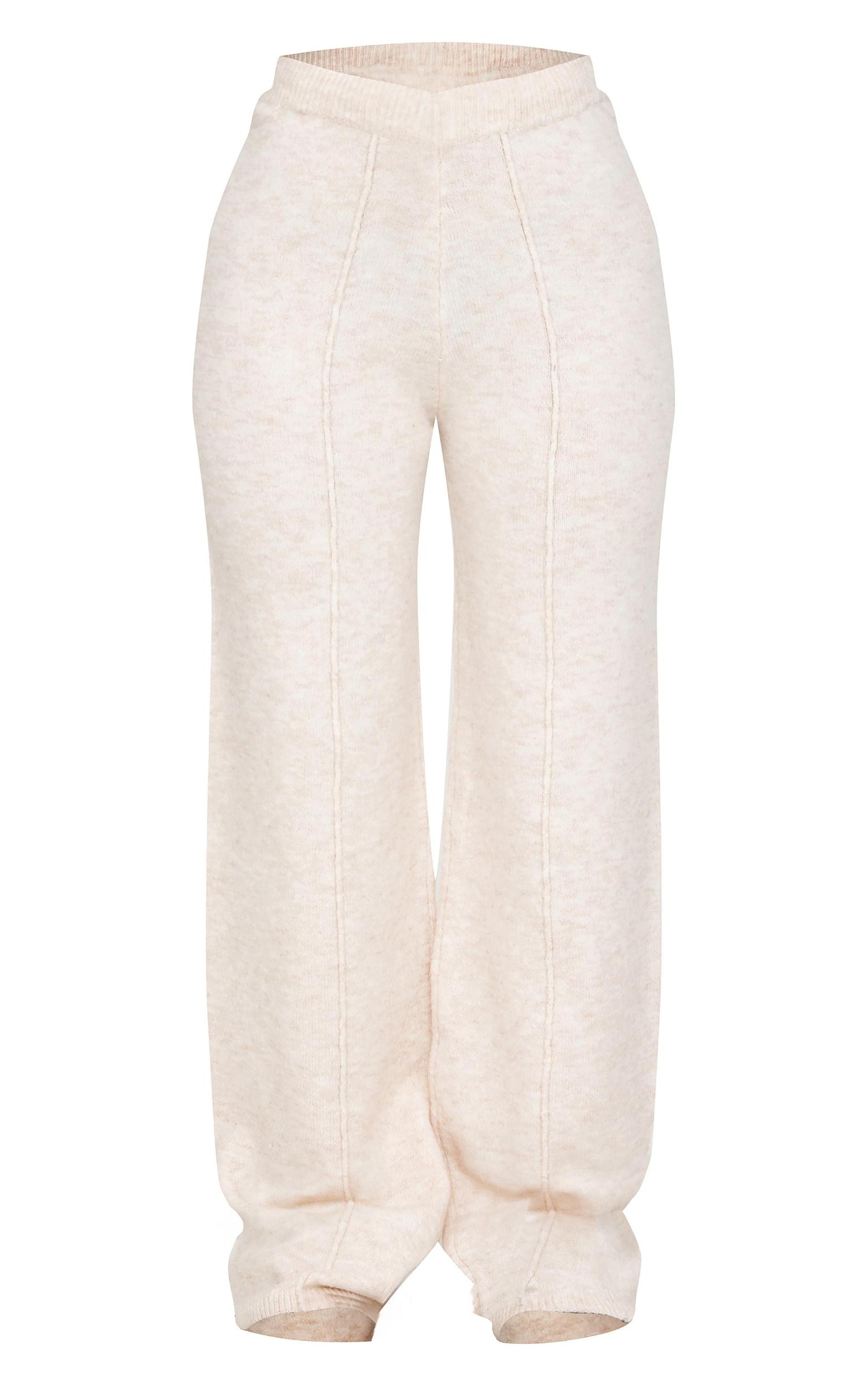 Petite Oatmeal Knitted Seam Detail Wide Leg Pants Product Image