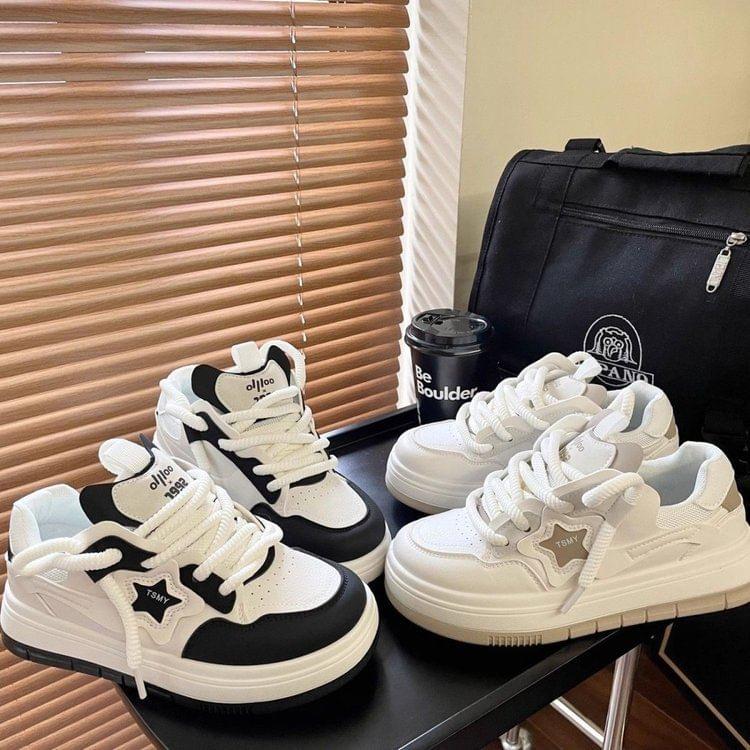 Platform Two Tone Star Applique Lace-Up Faux Leather Sneakers Product Image