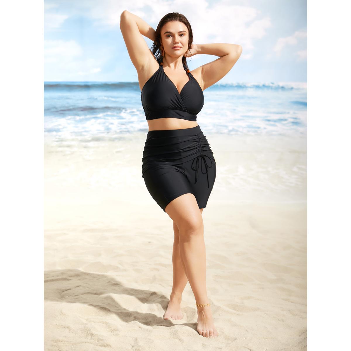 Plus Size High Rise Tiered Drawstring Gathered Swim Bottom Women's Swimwear Black Beach Gathered High stretch Skinny High Rise Side seam pocket Curve Swim Bottoms BloomChic 30/6X Product Image