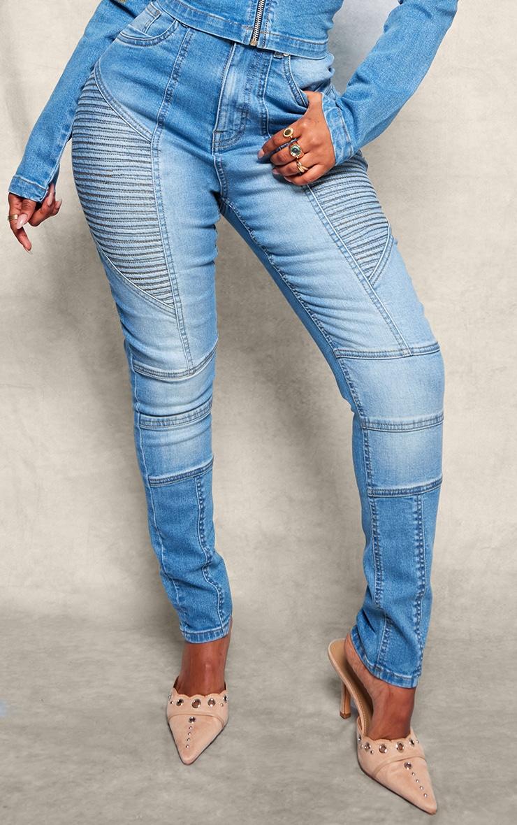 Shape Light Blue Stretch Denim Seam Biker Skinny Jeans Product Image