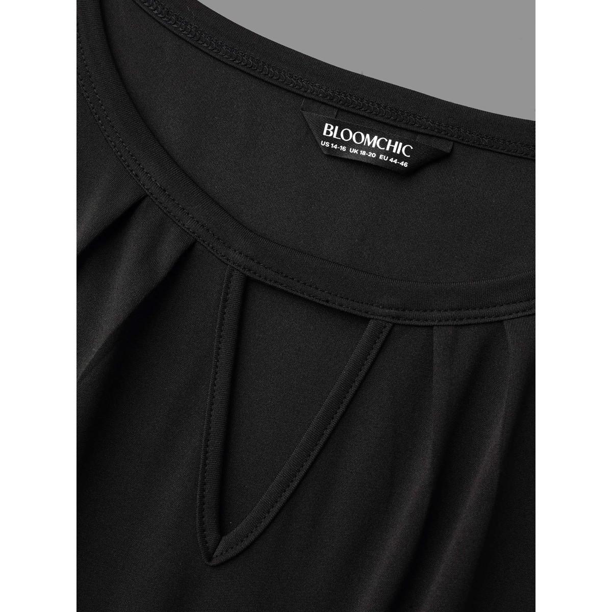 Plus Size Neck Cut-Out Lace Stretchy-Waist Midi Dress Black Women At the Office Texture Knit Dresses Bloomchic 30/6X Product Image