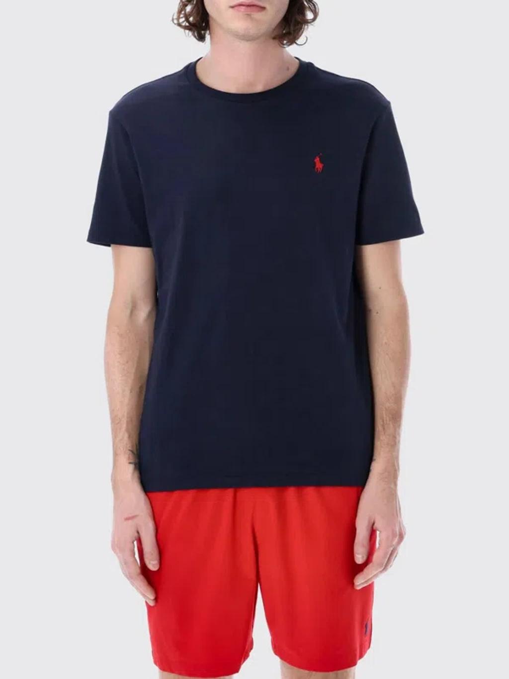 POLO RALPH LAUREN Custom Slim Fit Blue Crewneck T-shirt With Pony Embroidery On The Front In Cotton Man Product Image