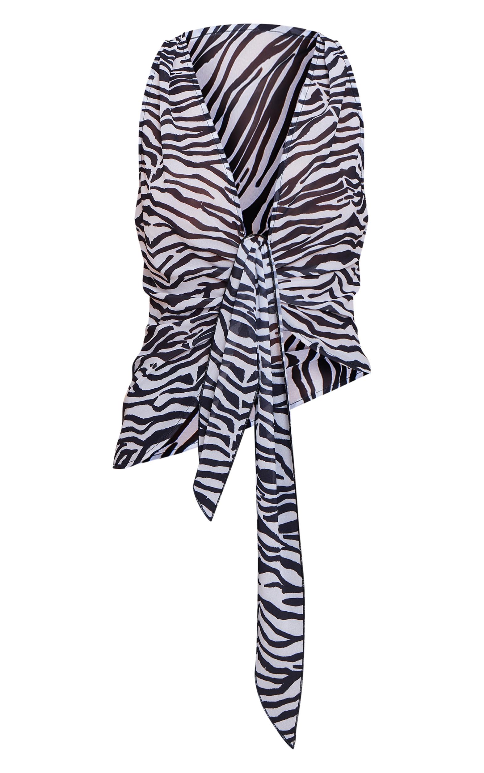 Monochrome Zebra Printed Drape Plunge Front Chiffon Long Top Product Image