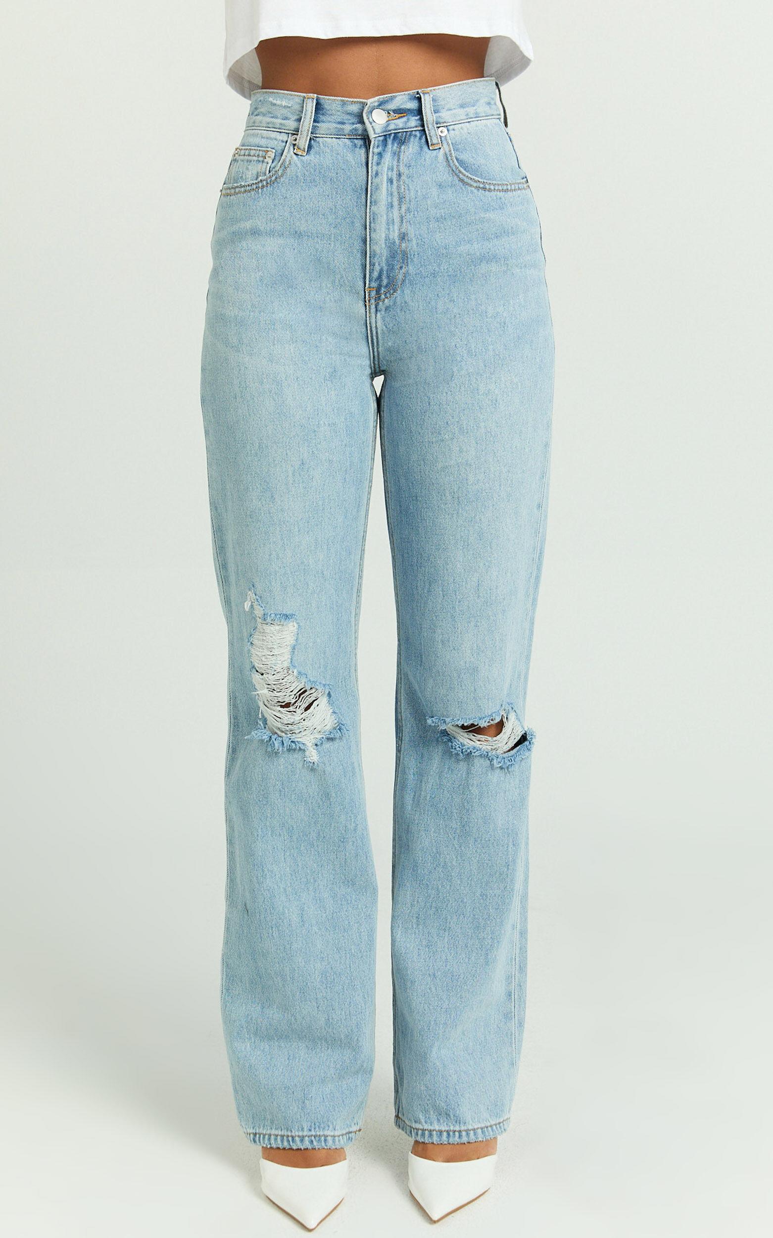 Miho Jeans - High Waisted Recycled Cotton Distressed Straight Leg Denim Jeans in Mid Blue Wash Product Image