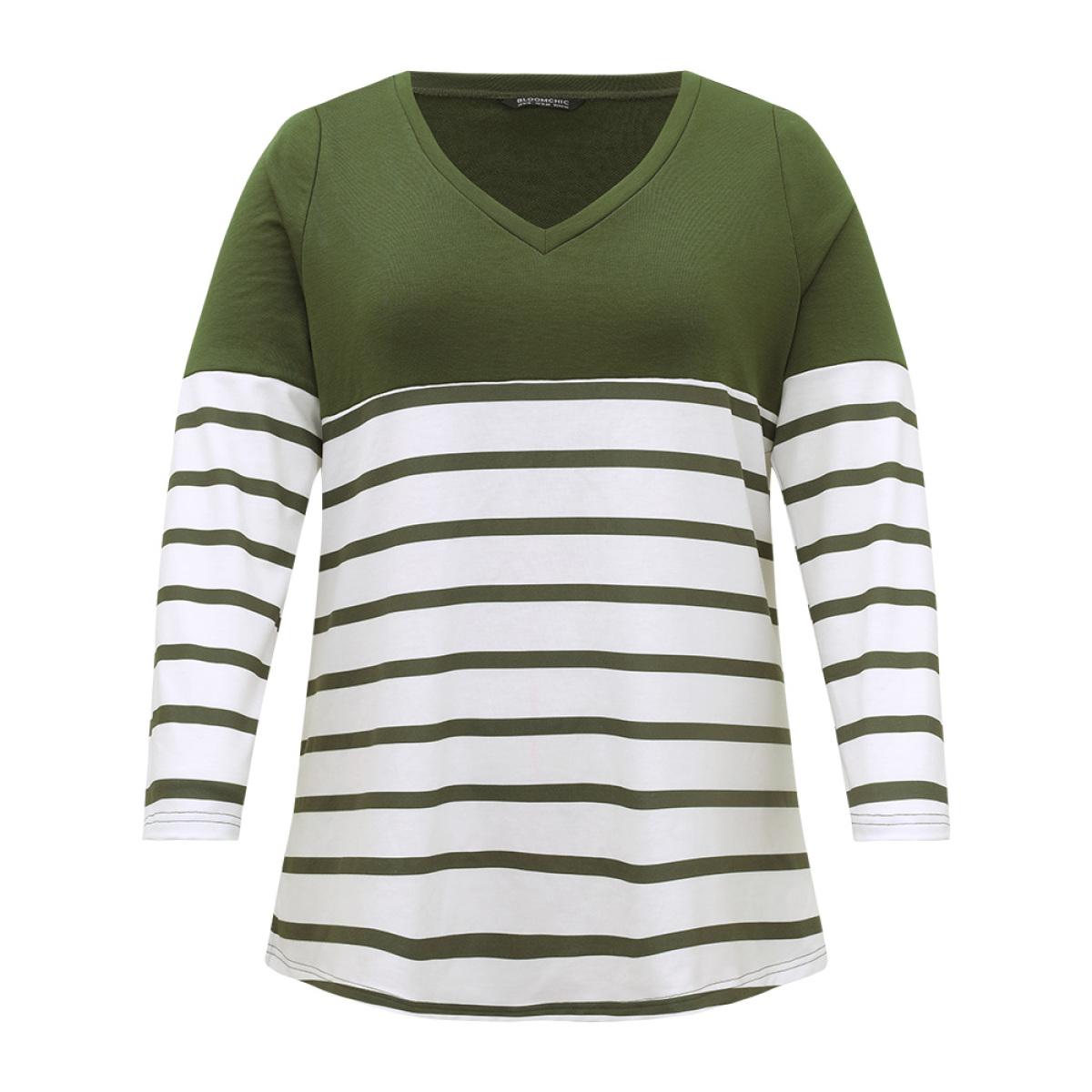 Plus Size Striped Patchwork Contrast V Neck Sweatshirt Women Green Casual Contrast V-neck Dailywear Sweatshirts BloomChic 10/M Product Image