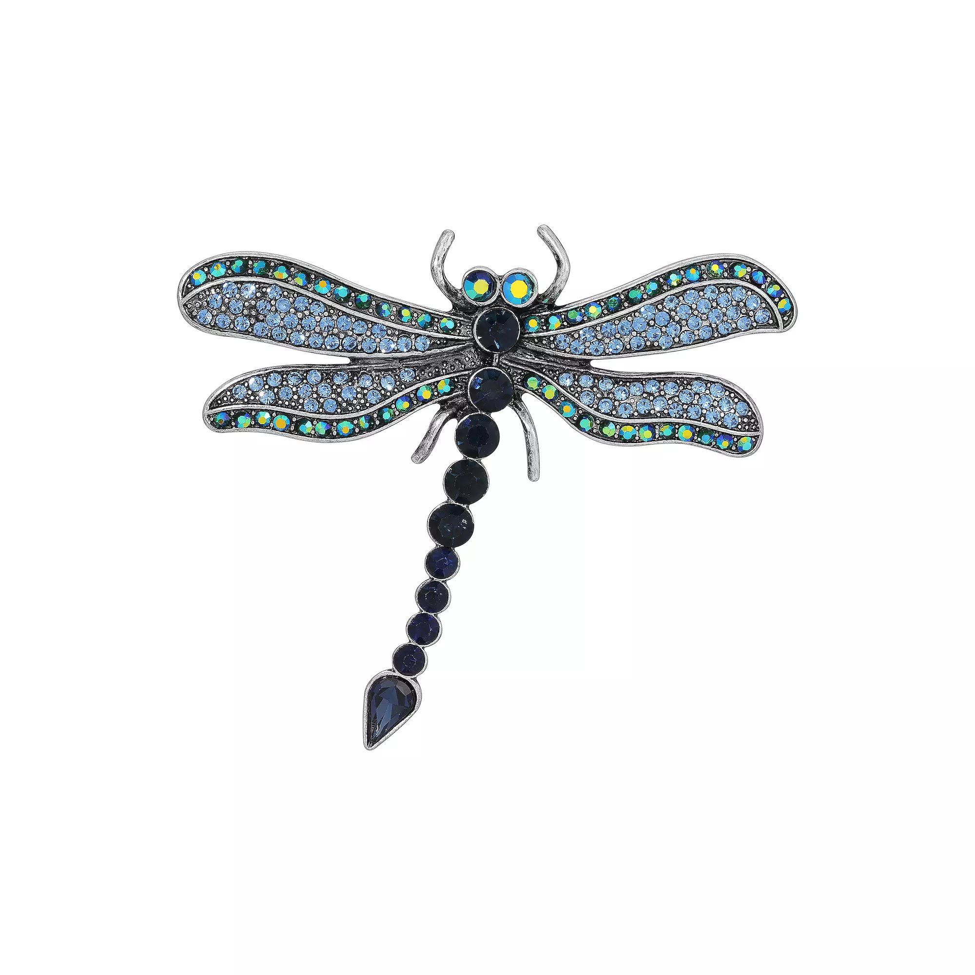 1928 Silver Tone Blue & Aurora Borealis Crystal Oxidized Dragonfly Brooch, Womens Product Image