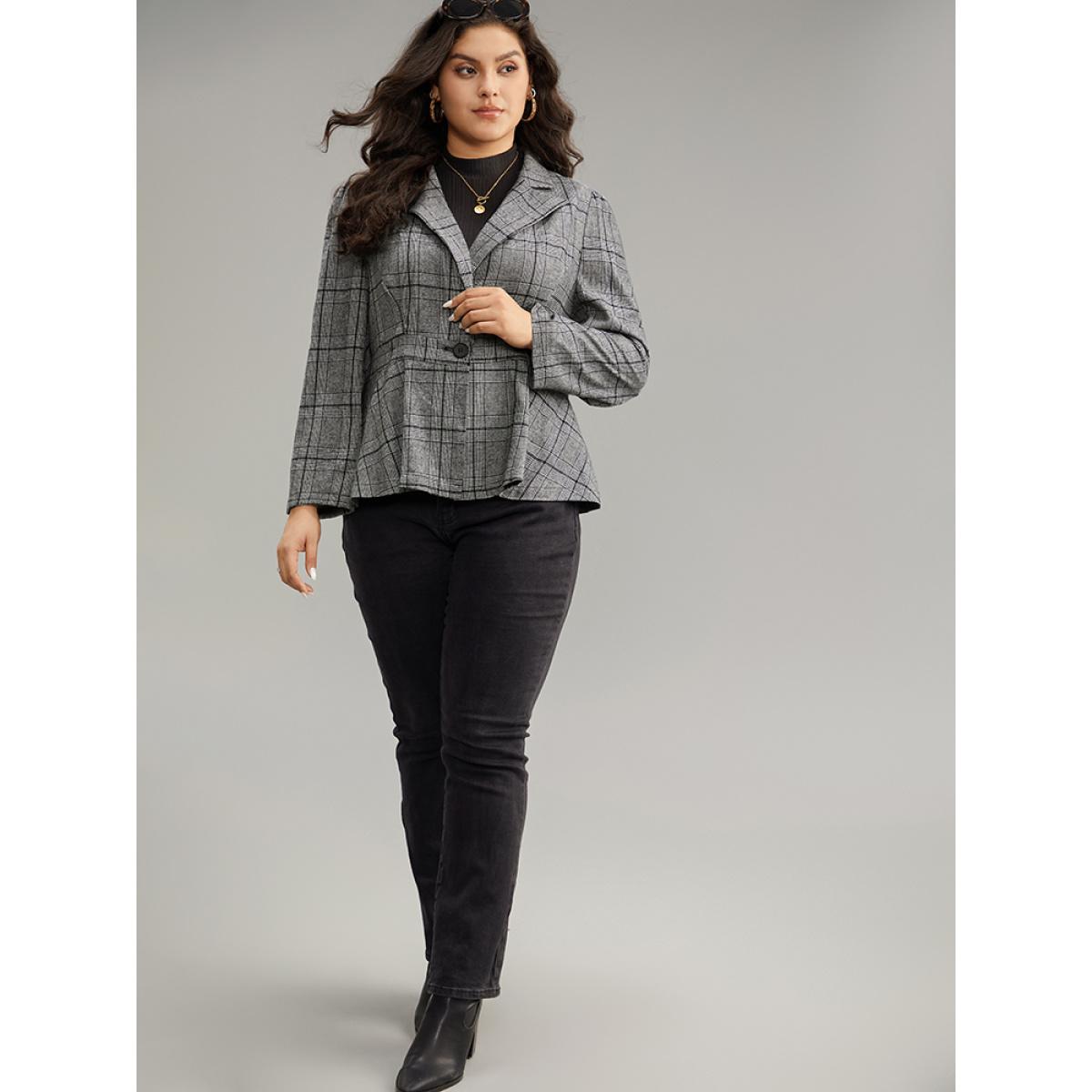 Plus Size Plaid Suit Collar Button Up Blazer Gray Women Work Plaid Button Sleeve Long Sleeve Suit Collar 22-24/3X At the Office Blazers BloomChic Product Image