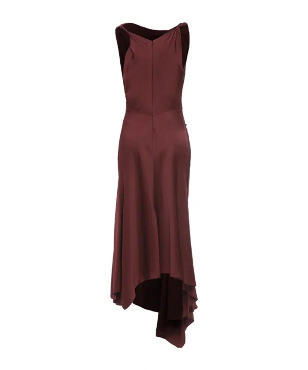 VICTORIA BECKHAM Asymmetric Draped Sleeveless Satin Midi Dress In Burgundy Product Image