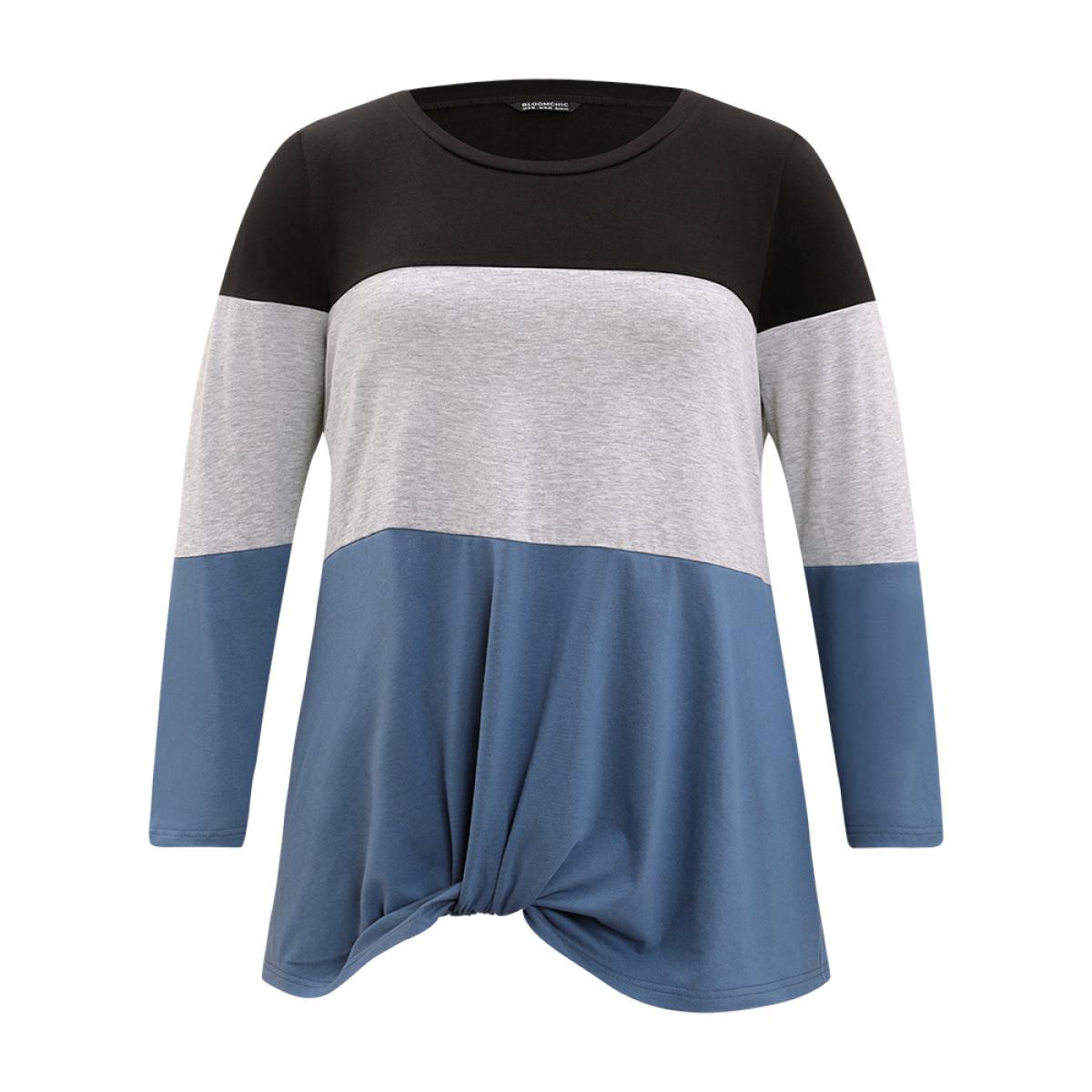 Plus Size Round Neck Twist Front Patchwork Contrast T-shirt Multicolor Women Casual Contrast Plain Round Neck Dailywear T-shirts BloomChic 12/L Product Image