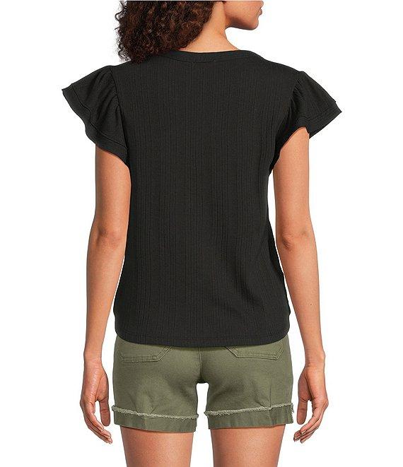 Democracy Mix-Media Split V-Neck Cap Sleeve Shirttail Hem Knit Top Product Image