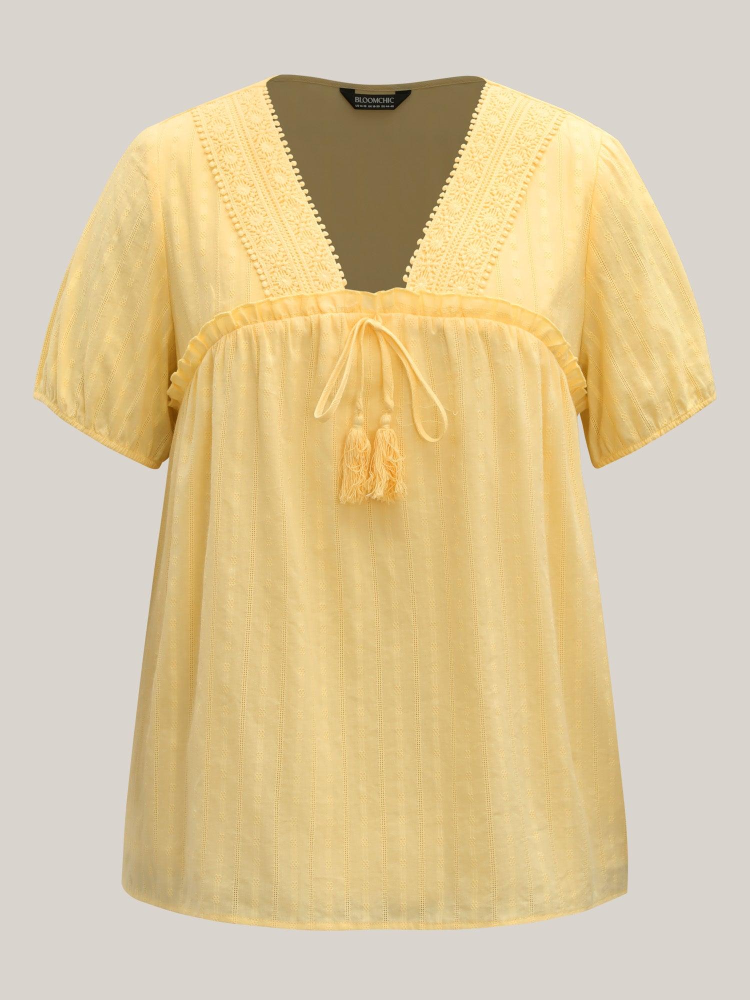 Cotton Textured Lace Trim Neck-Tie Blouse Female Product Image
