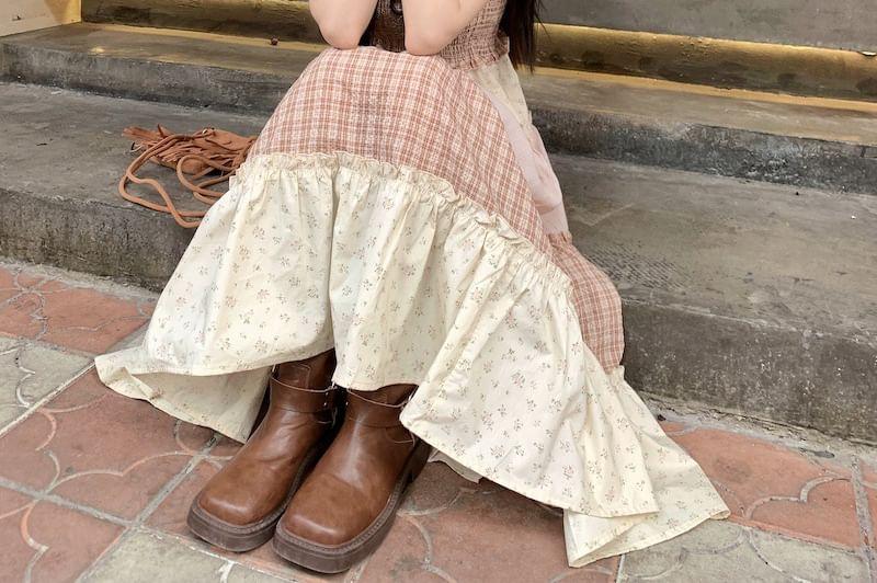 Spaghetti Strap Plaid Panel Tiered Midi A-Line Dress / Crochet Cardigan Product Image