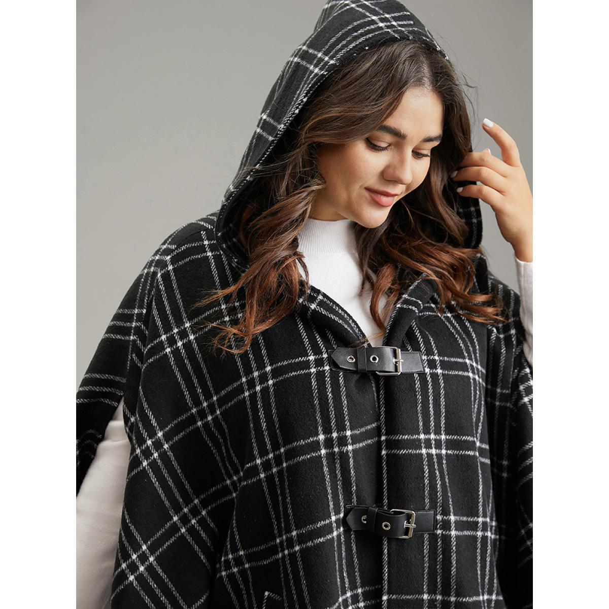 Plus Size Plaid Buckle Detail Pocket Hooded Cape Coat Women Black Casual Contrast Loose Ladies Dailywear Winter Coats BloomChic 28/5X Product Image