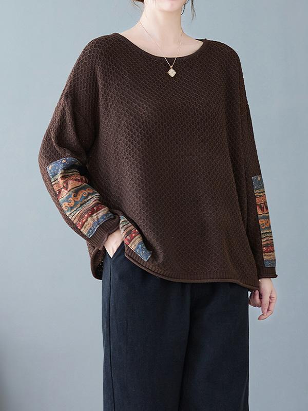 Long Sleeves Loose Printed Split-Joint Round-Neck Pullovers Sweater Tops Product Image