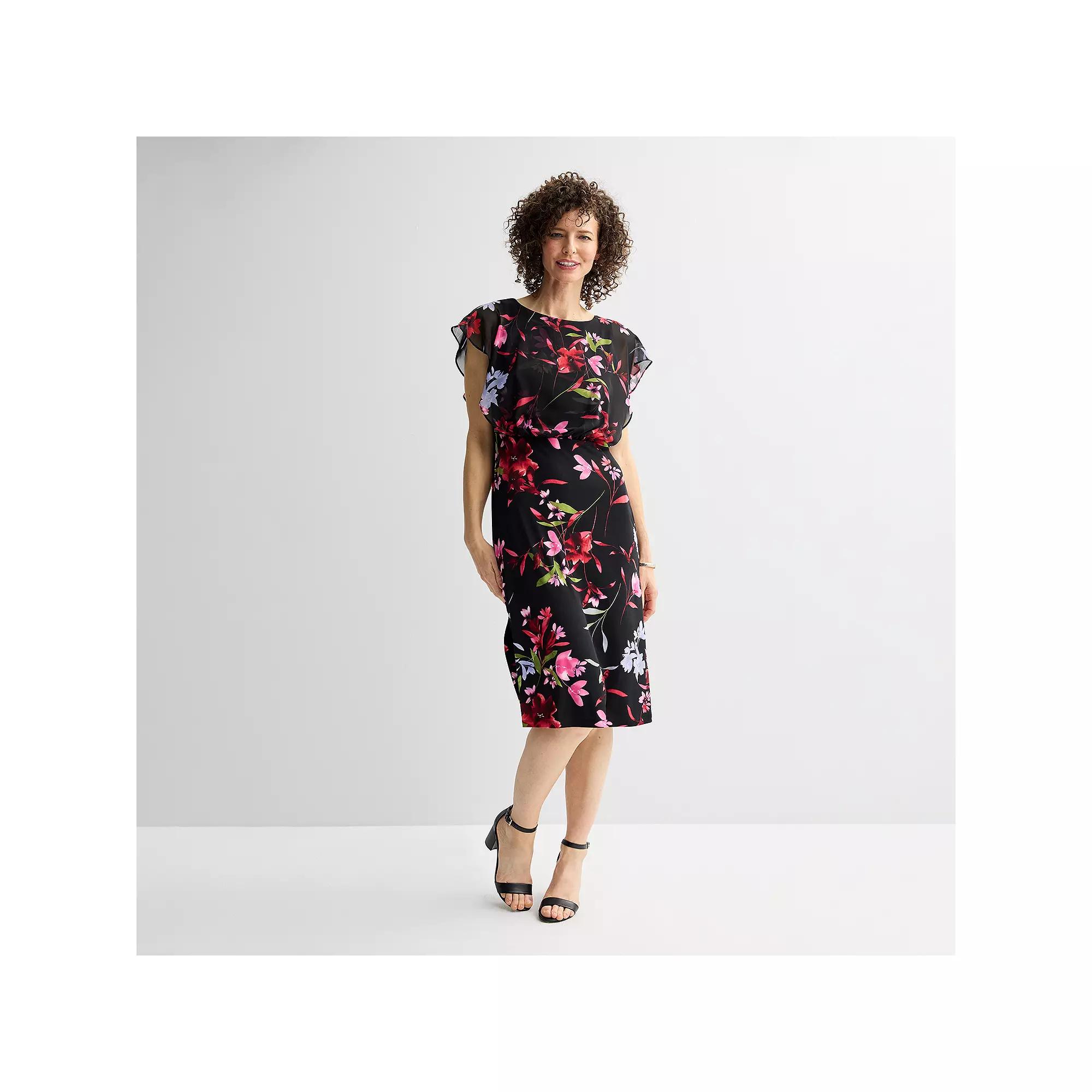 Women's Connected Apparel Printed Sheer Overlay Bib Dress,  Product Image