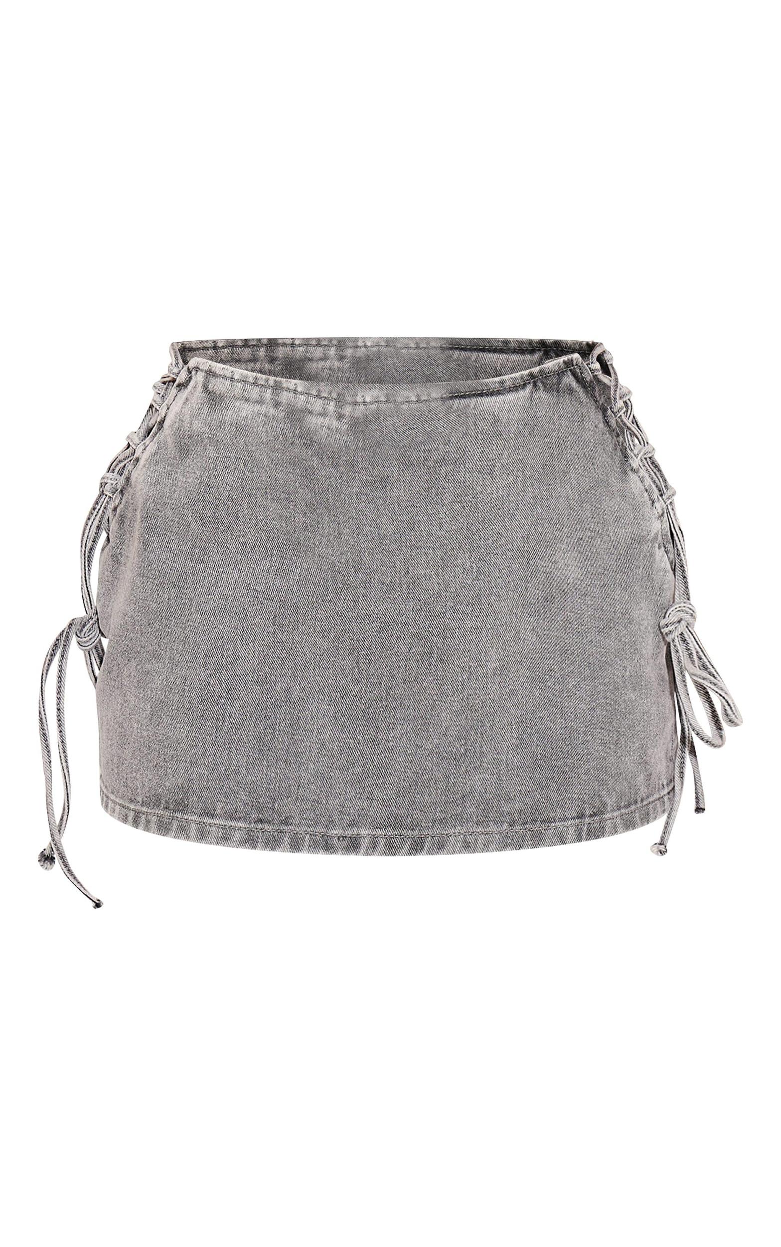 Petite Light Grey Denim Lace Up Mini Skirt Product Image