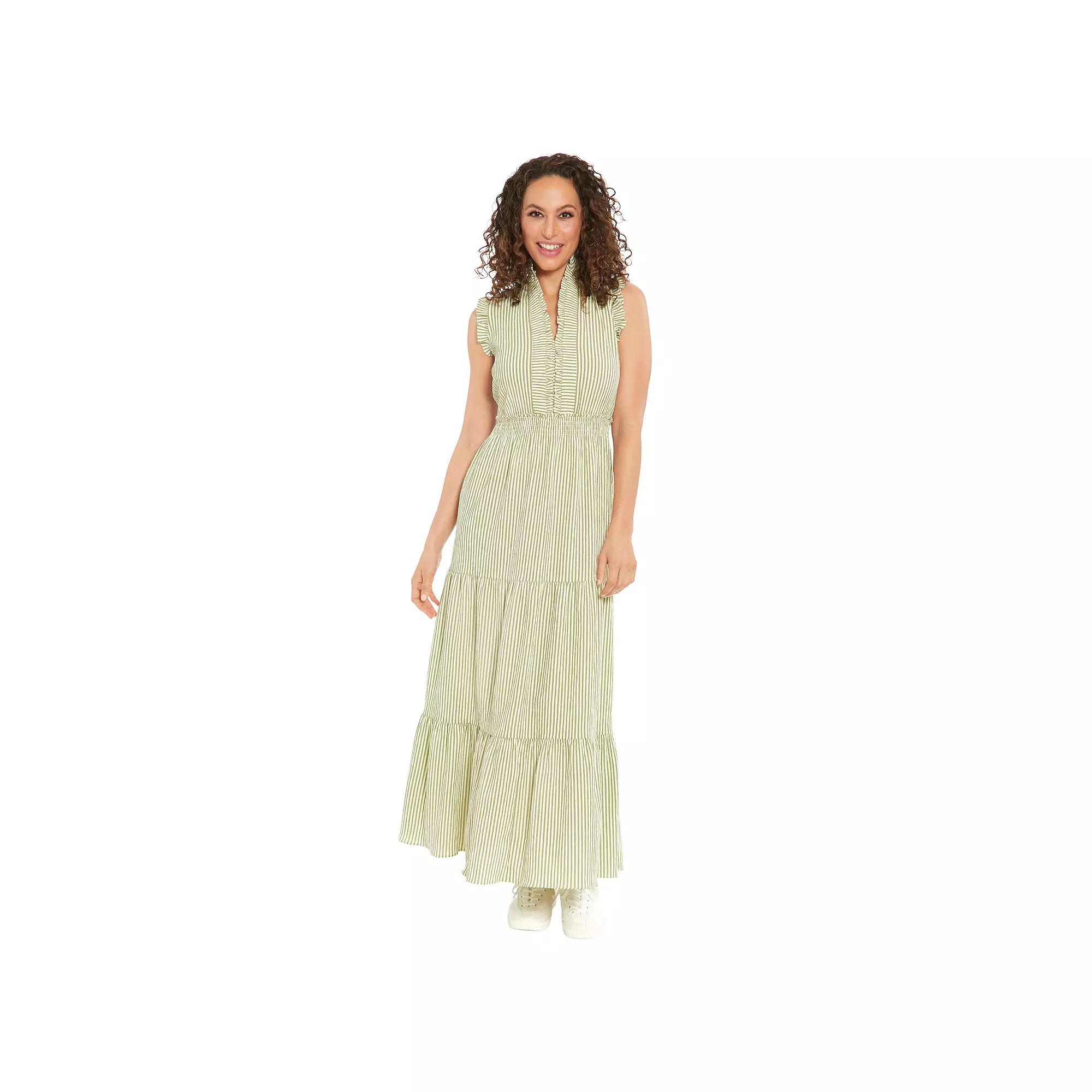 Women's London Times Smocked Waist Tiered Maxi Dress, Size: 16, Green Stripe Product Image