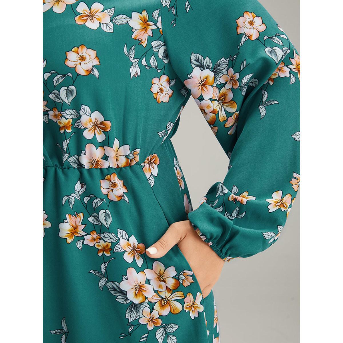 Plus Size Floral Lantern Sleeve High Low Hem Dress DarkBlue Women Elegant Elastic cuffs V-neck Long Sleeve Curvy Midi Dress BloomChic 10/M Product Image
