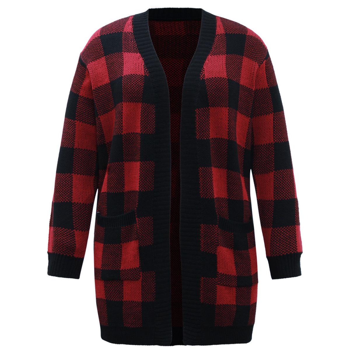 Plus Size Plaid Patched Pocket Loose Cardigan Scarlet Women Casual Loose Long Sleeve Everyday Cardigans BloomChic 28/5X Product Image