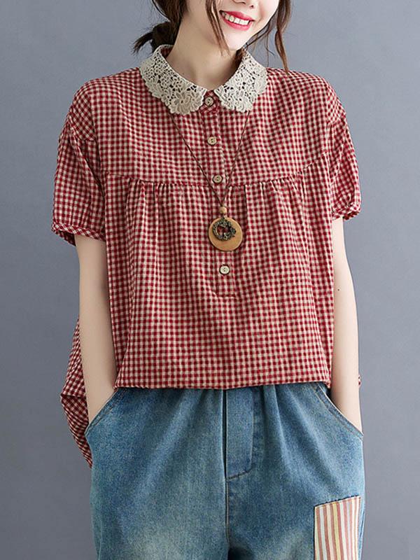 Cotton Blend Plaid Polo Puff Sleeve T-Shirts Tops Product Image
